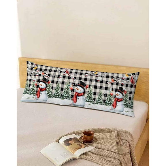 Plaid Snowman Christmas Body Pillow Cover, Pillowcase Protectors with Zipper, Breathable Decorative Throw Pillow Case Cover, Xmas Tree Snowflake Birds Branches Pillow Shams for Couch Sofa 20x60Inch