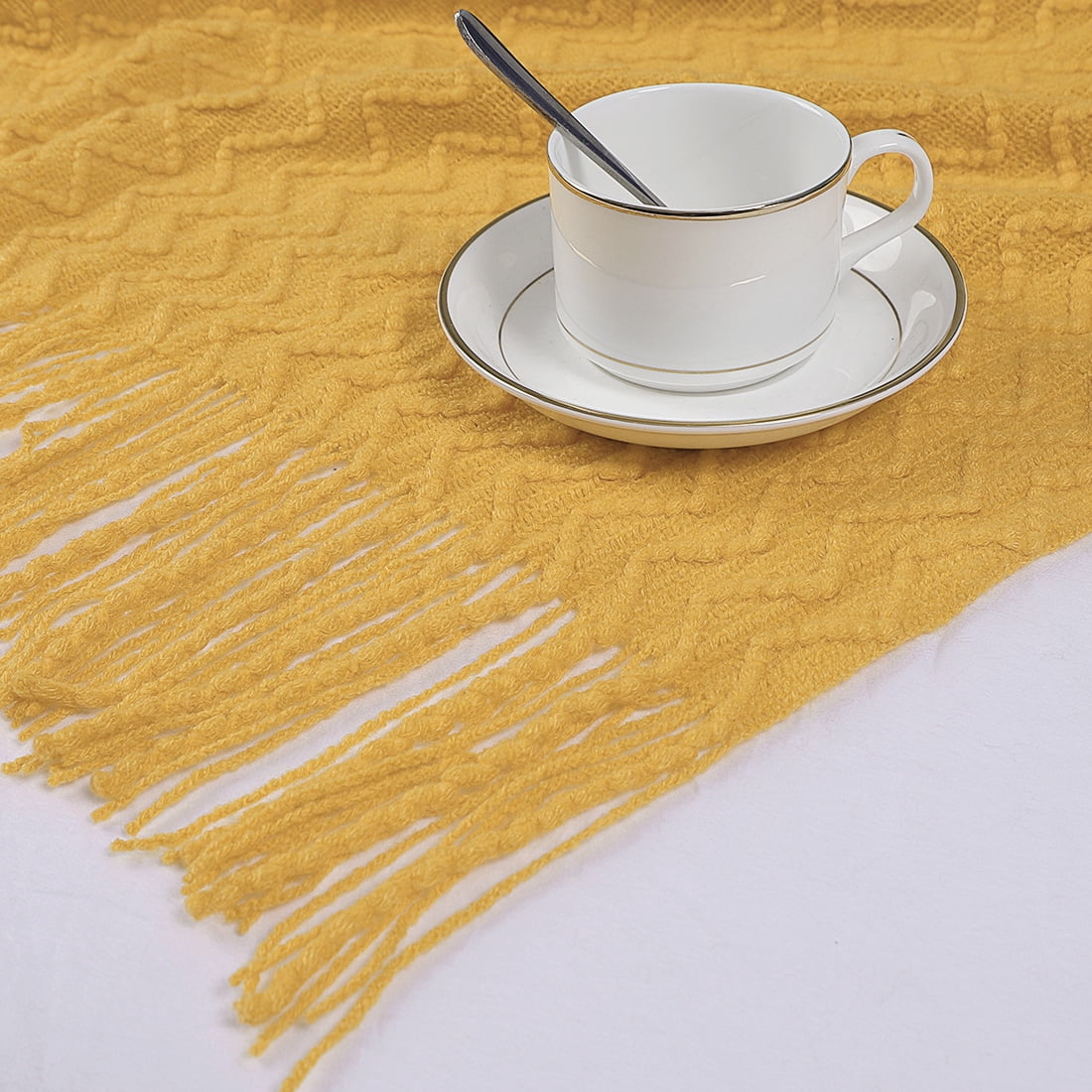 Unique Bargains Fringe Knitted Decorative Throw Blanket, 50"x 60", Yellow
