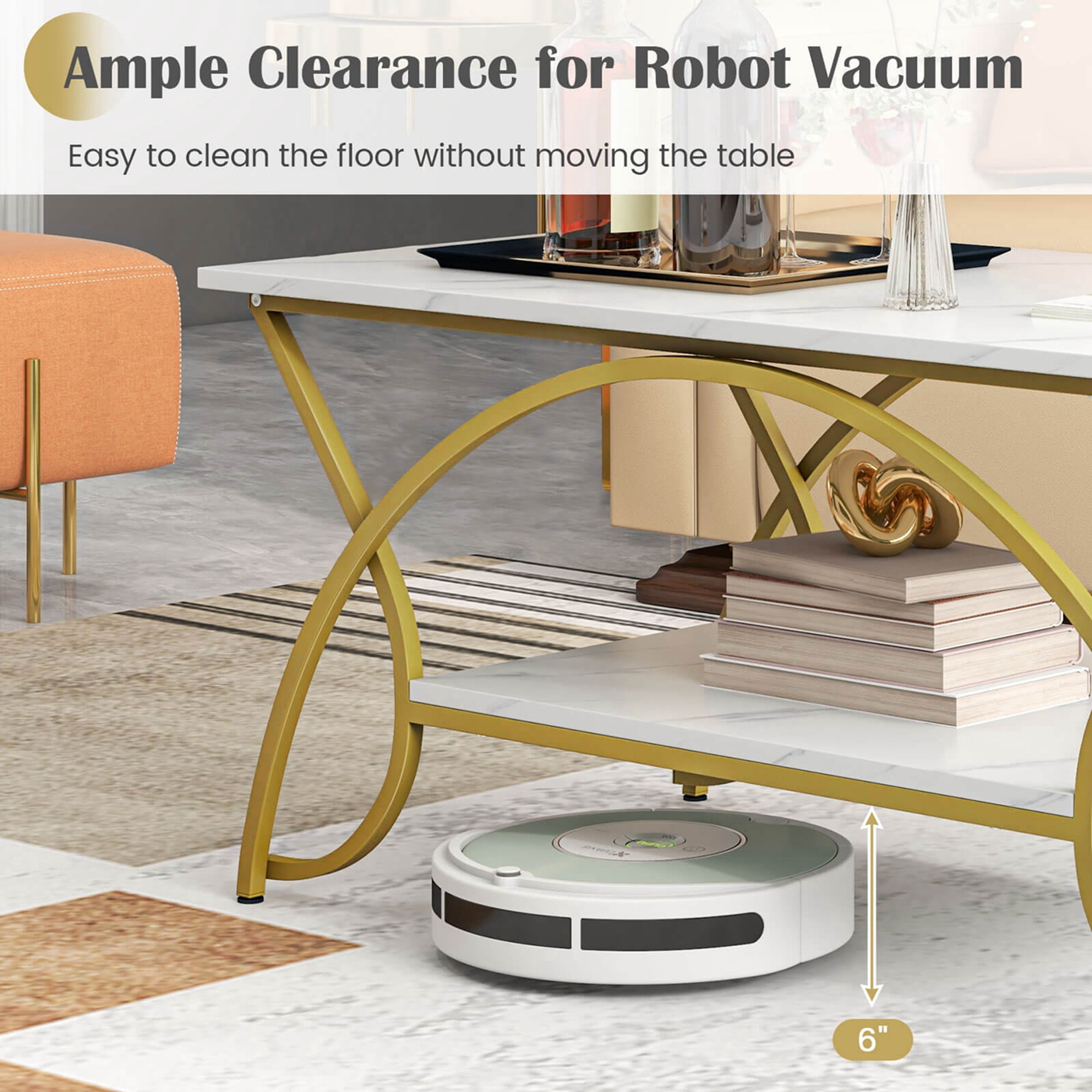 Costway Coffee Table Modern Marble 2-Tier Coffee Table  Gold Rectangle for Living Room