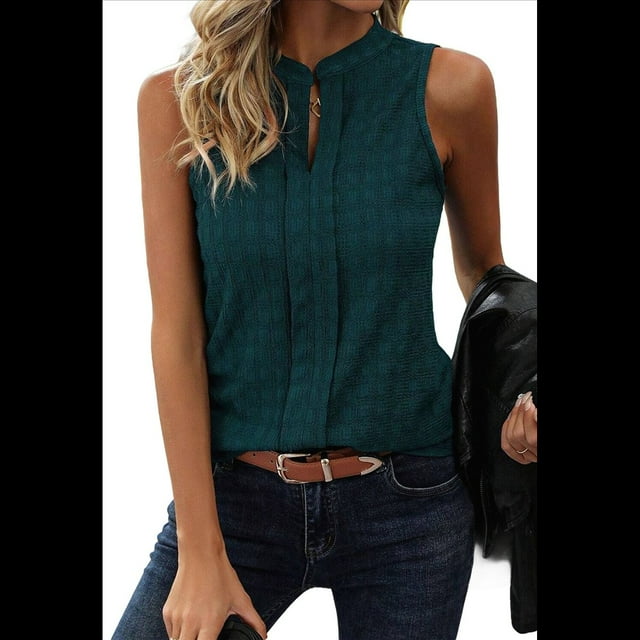 Top Sin Mangas con Cuello en V de Color Liso para Mujer, Verde Oscuro, Talla L