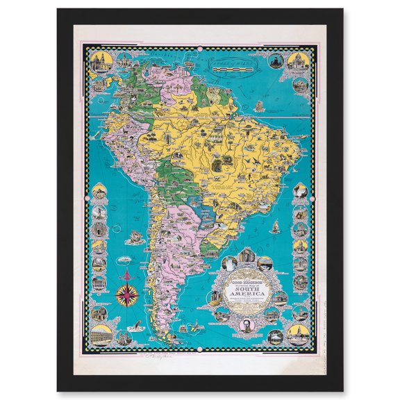 Chase 1942 Pictorial Map South America Historic Monuments Buildings Artwork Framed Wall Art Print A4
