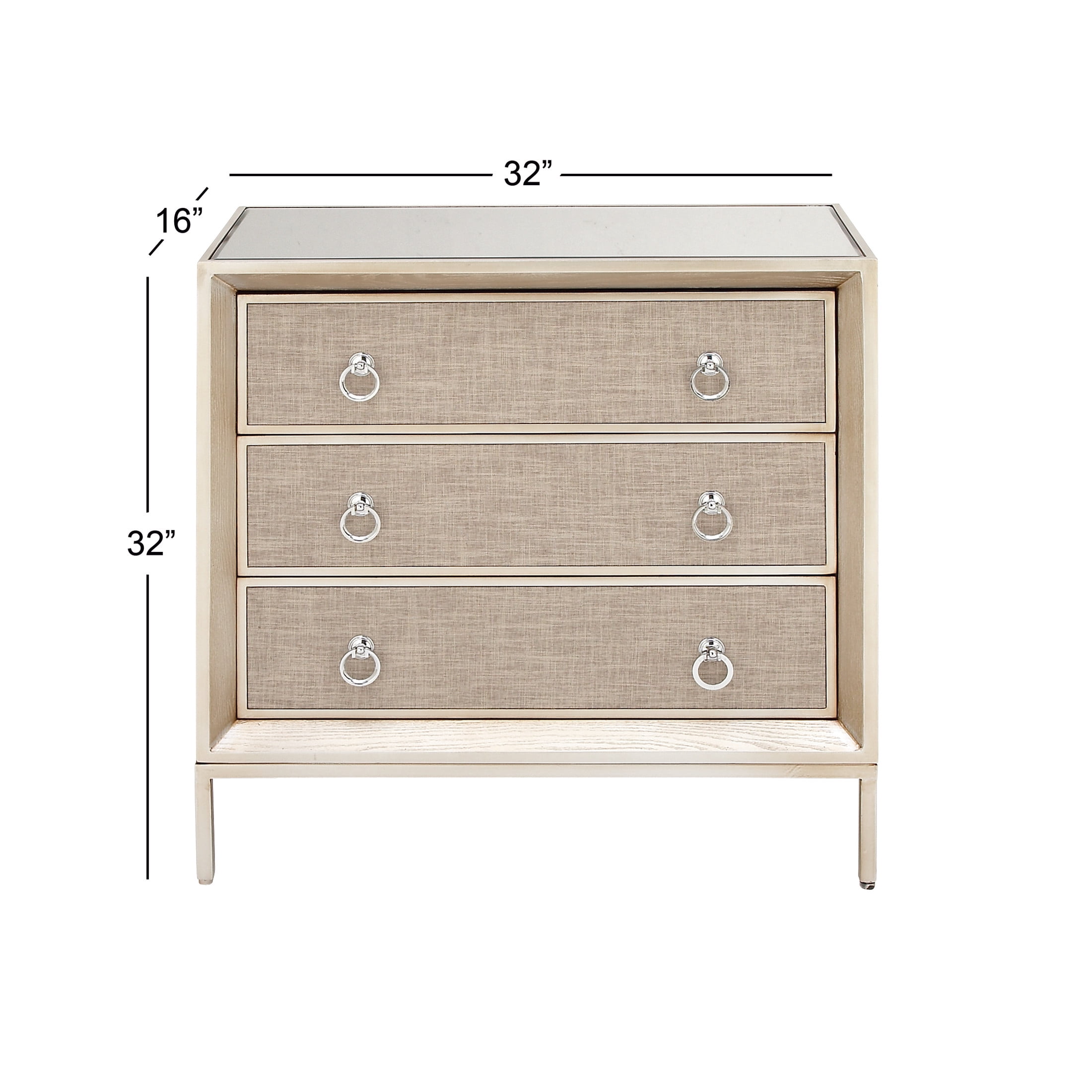 DecMode 32" x 32" Beige Wooden Upholstered Front Panel 3 Drawer Chest with Mirrored Top and Ring Handles, 1-Piece