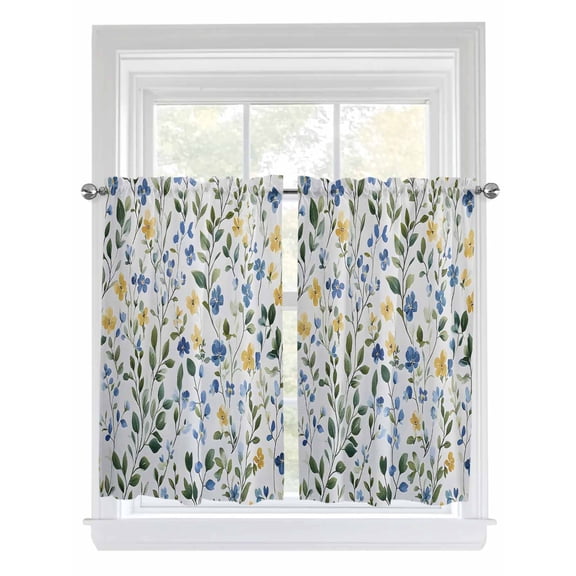 Tier Curtains 45 Inches Long, Blue Yellow Floral Spring Window Treatment Curtain Drapes, Summer Pastoral Botanical Green Window Half Privacy Curtains for Bedroom Bathroom, 42"x45", 2 Panels