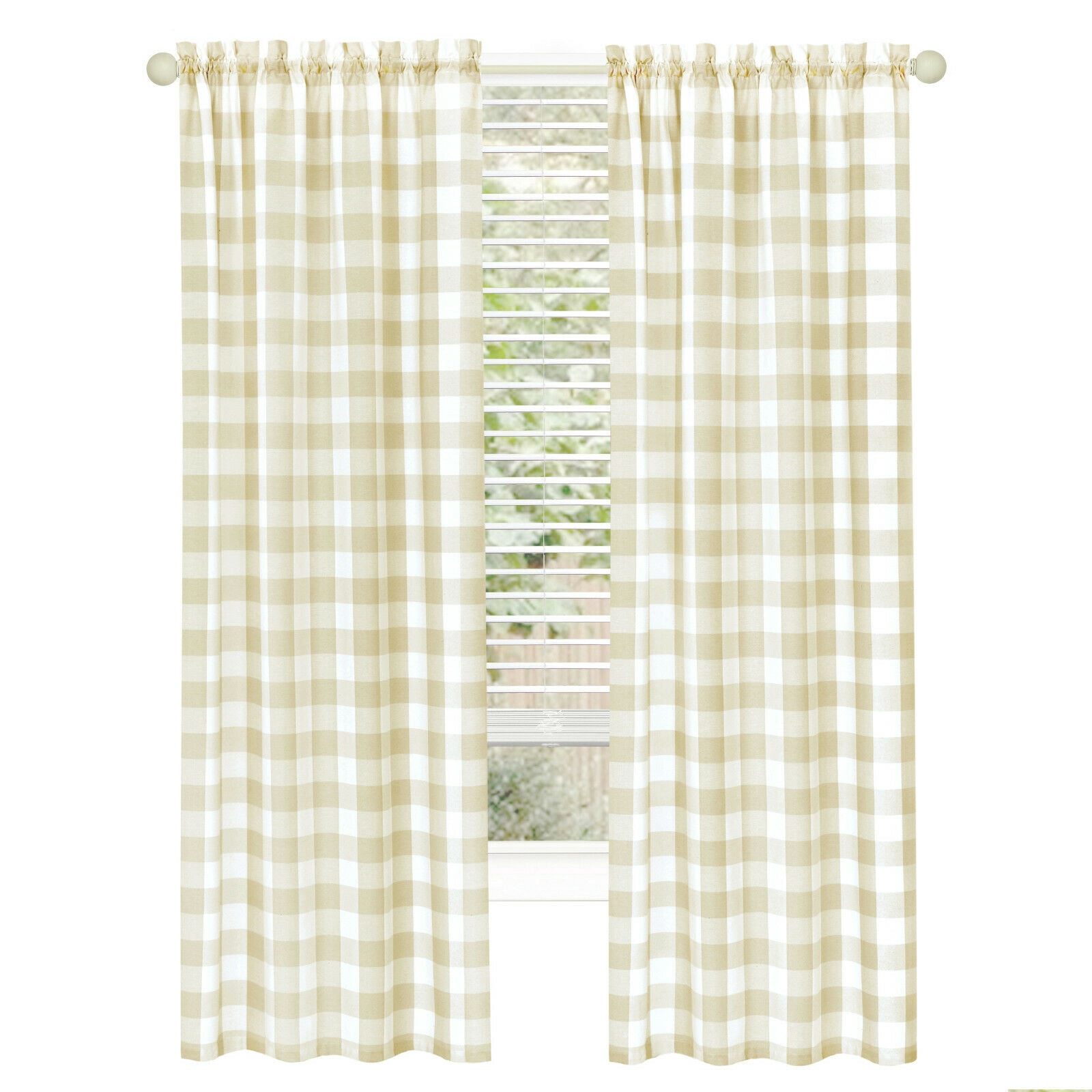 Modern Farmhouse 2 Piece Rod Pocket Large Buffalo Checkered Plaid Curtains - Linen, 84 in. Long