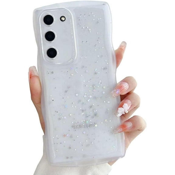 Compatible with Galaxy S21 Plus Case for Women Girls Glitter Camera Lens Protector Cute Curly Wave Frame Shockproof Protective Cover Phone Case for Samsung Galaxy S21 Plus(CLEAR)