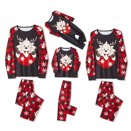 

Sunisery Christmas Family Matching Pajamas Long Sleeve Elk Print Tops with Plaid Snowman Print Pants Parent-child Sleepwear