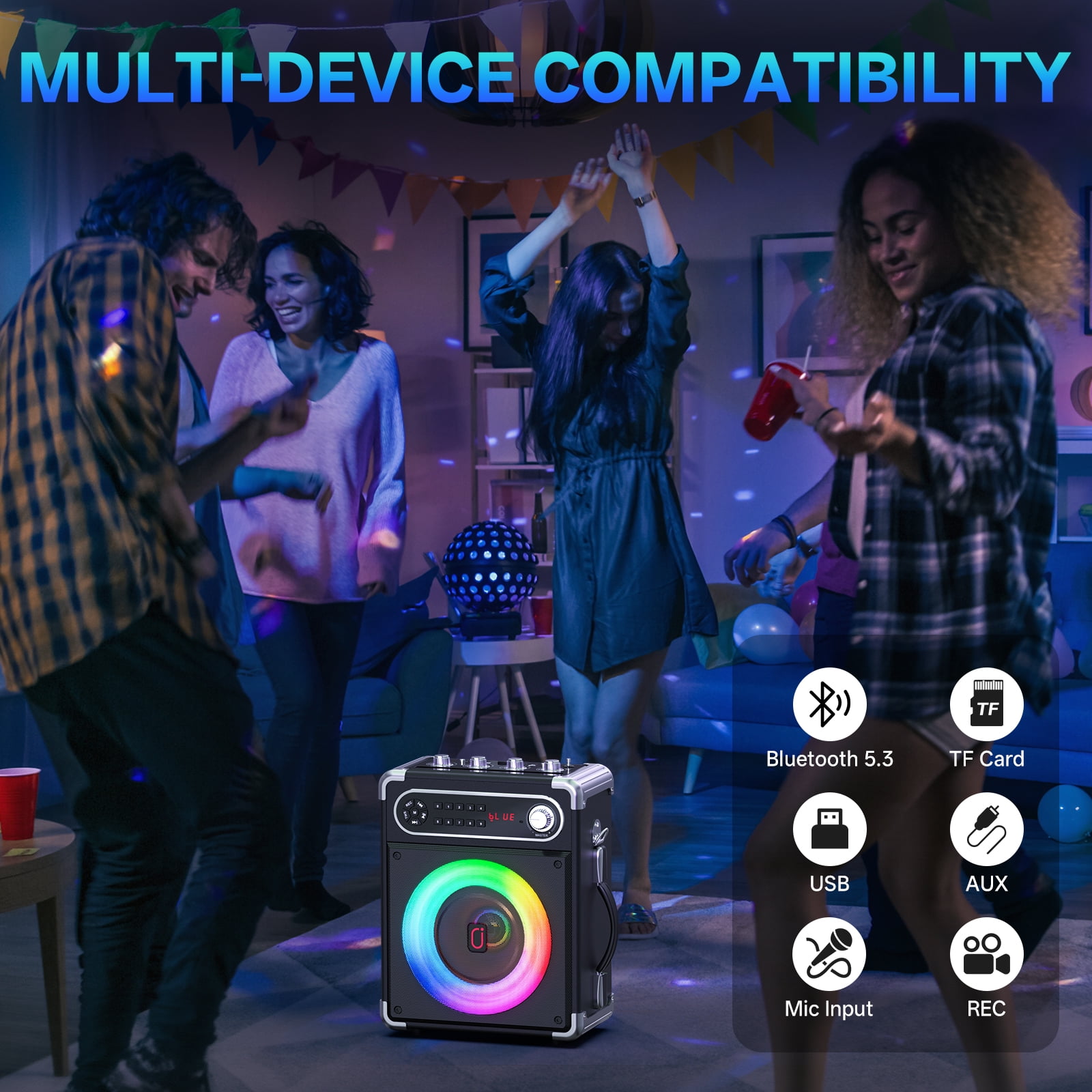 FanFun Karaoke Machine for Adult, Portable Bluetooth Speaker for Party, Home Karaoke System with 2 Microphones, Dj Lights