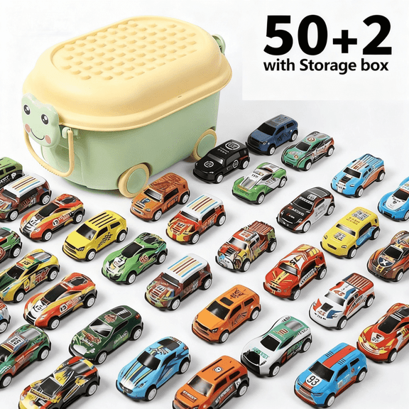 Metal Pull Back Cars Set, 52 Piece, With Storage Bucket, 50 Mini Cars and 2 Big 3.5 Inch Off-Road Vehicles