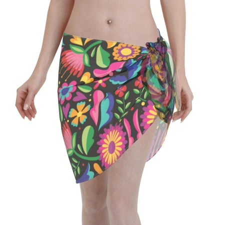 Disketp Colorful Floral Embroidery Mexican Women Swimsuit Cover Up Short Chiffon Summer Beach Sarong Bikini Wrap Skirt Bathing Suit