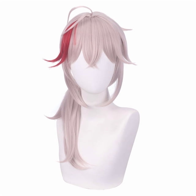 Peluca para cosplay de anime, corta, en capas, pelo rojo con mechas
