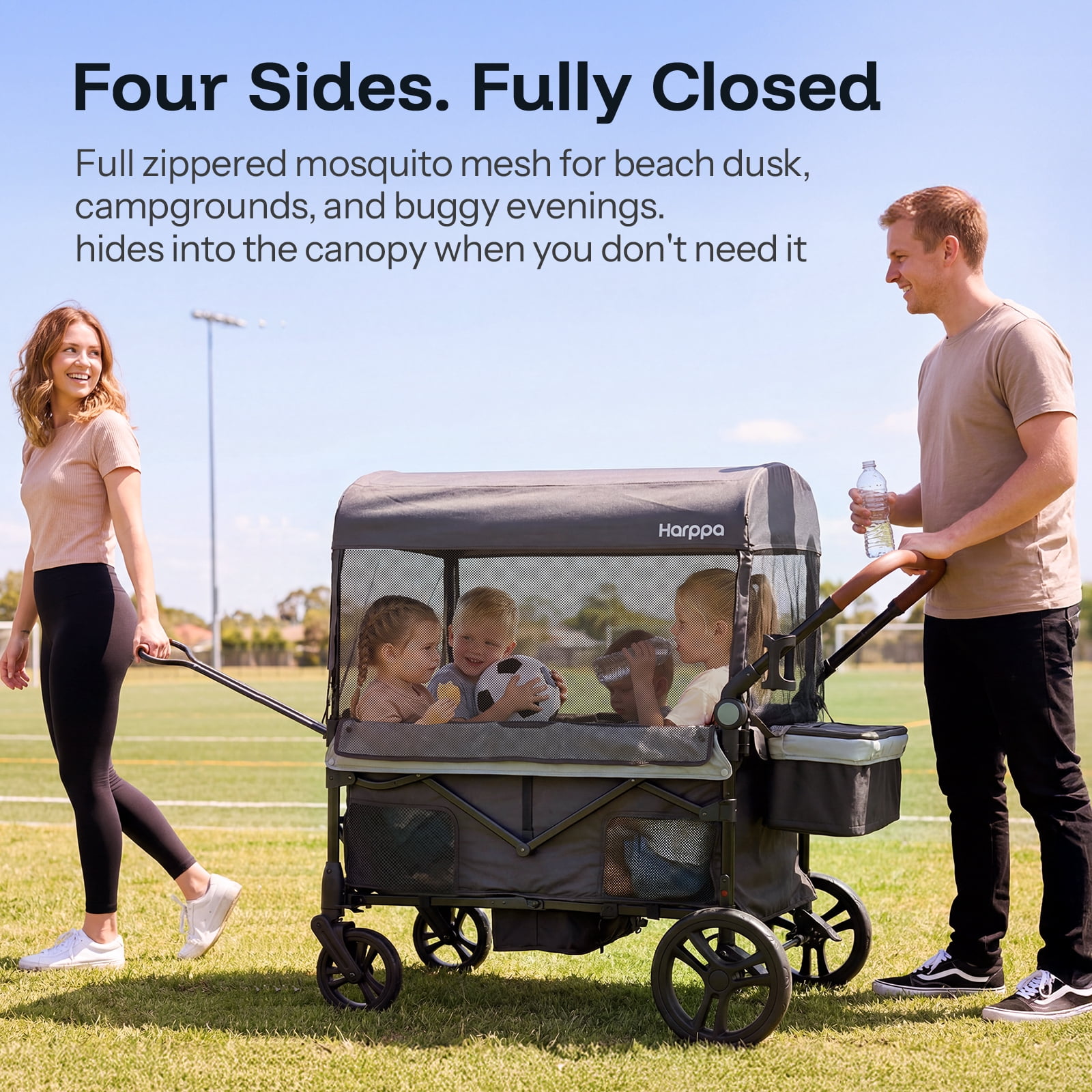 HARPPA Foldable Wagon Stroller for 4 Kids with 5-Point Harness, Canopy, Gray