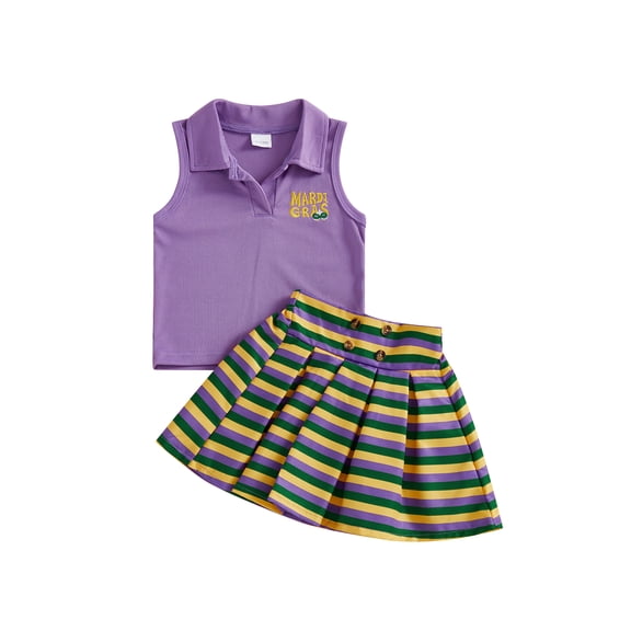BemeyourBBs Toddler Baby Girl Mardi Gras Outfit Carnival Summer Clothes Sleeveless Lapel Collar Solid Color/Striped Vest Tank Tops Pleated Skirt Set