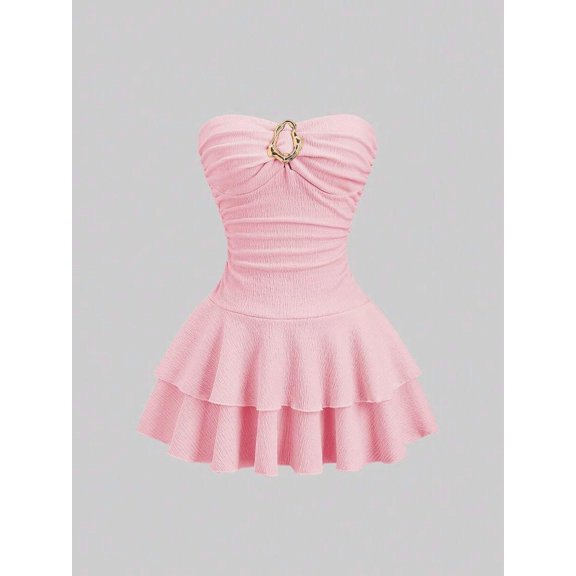 Womens Baby Pink Strapless Ruched Bust Double Layer Ruffle Mini Dress