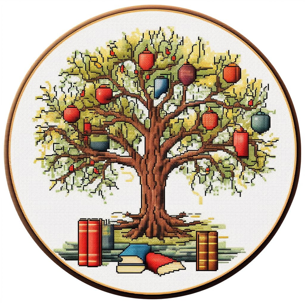 Book Tree Round Shape Stamped Cross Stitch Kits for Beginners Easy 11CT Needlepoint Embroidery DIY Counted Cross Stitch Kits Art Craft Wall Decoration and Gift 50x50cm(4)