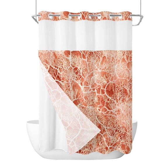 No Hook Shower Curtain, Coral Branches Long Bathtub Curtains with Snap in Liner, Terracotta Orange Boho Modern Abstract Art Waterproof Washable Fabric Shower Curtain Set, 72" x 84"
