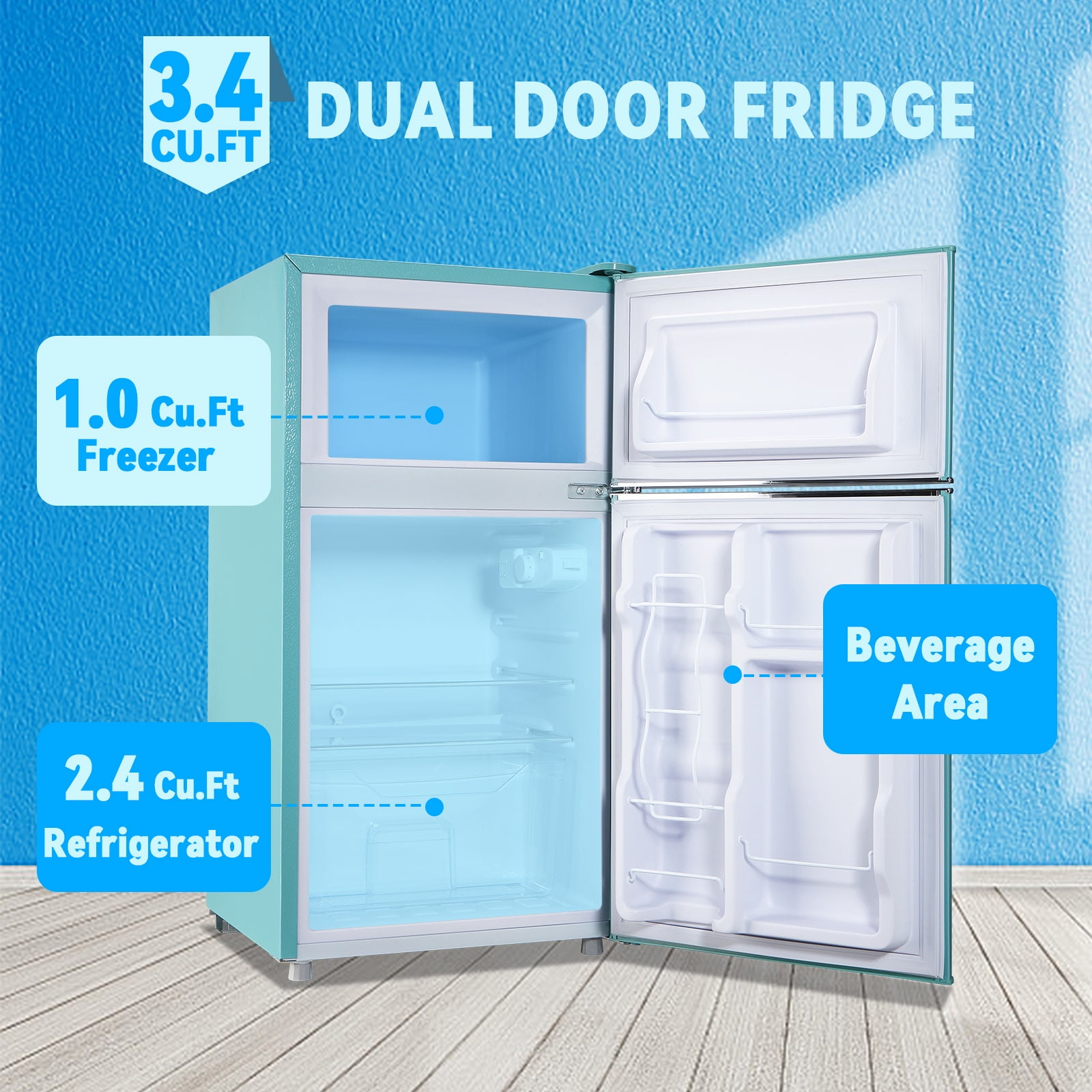 TACOOL Small Refrigerator with Freezer Retro Mini Fridge with Removable Shelves LED Light for Apartment 3.4Cu.Ft Blue
