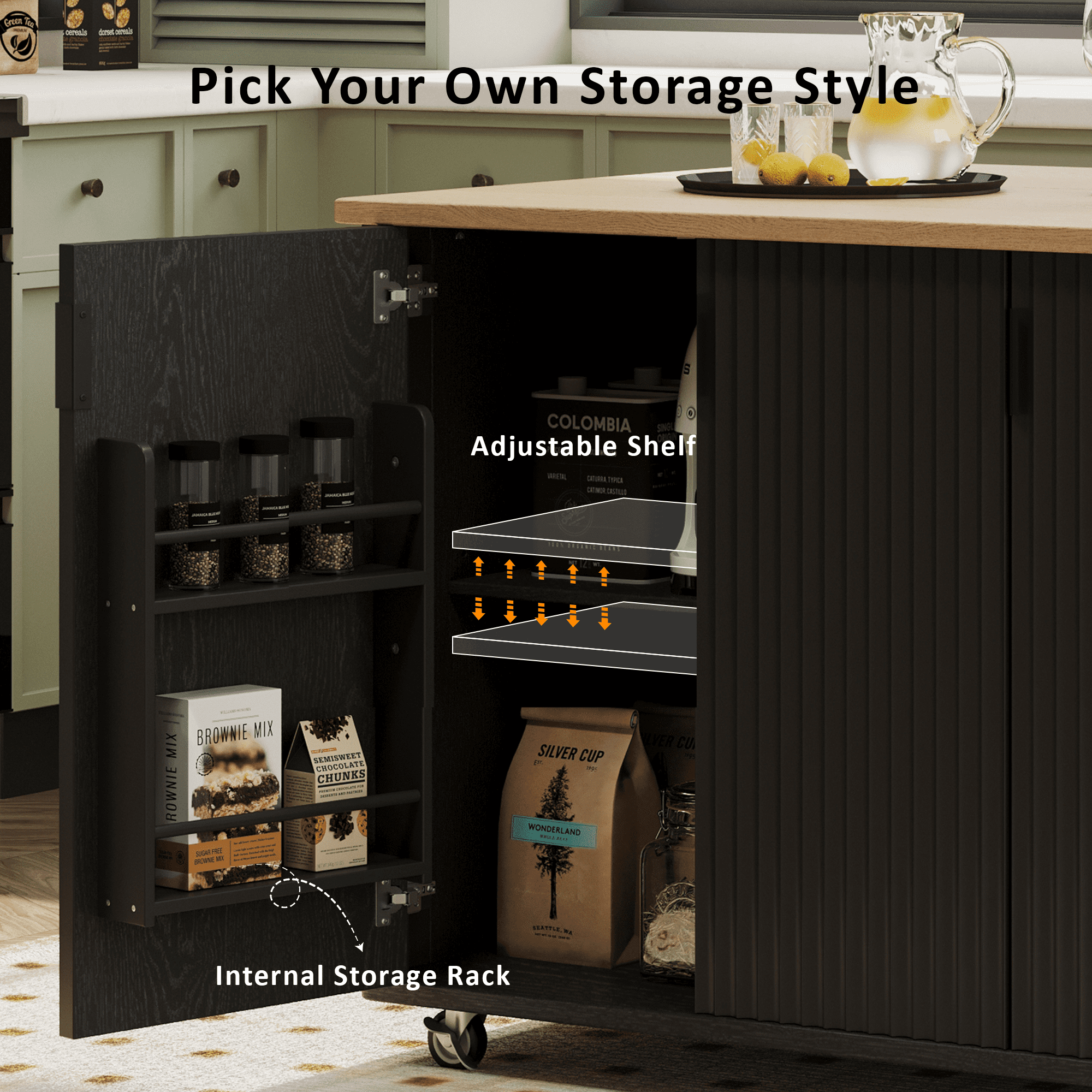 Euroco 51" Fluted Kitchen Island with Drop Leaf, Farmhouse Accent Kitchen Island on Wheels with Internal Storage Rack, Rolling Kitchen Cart with Towel Rack
