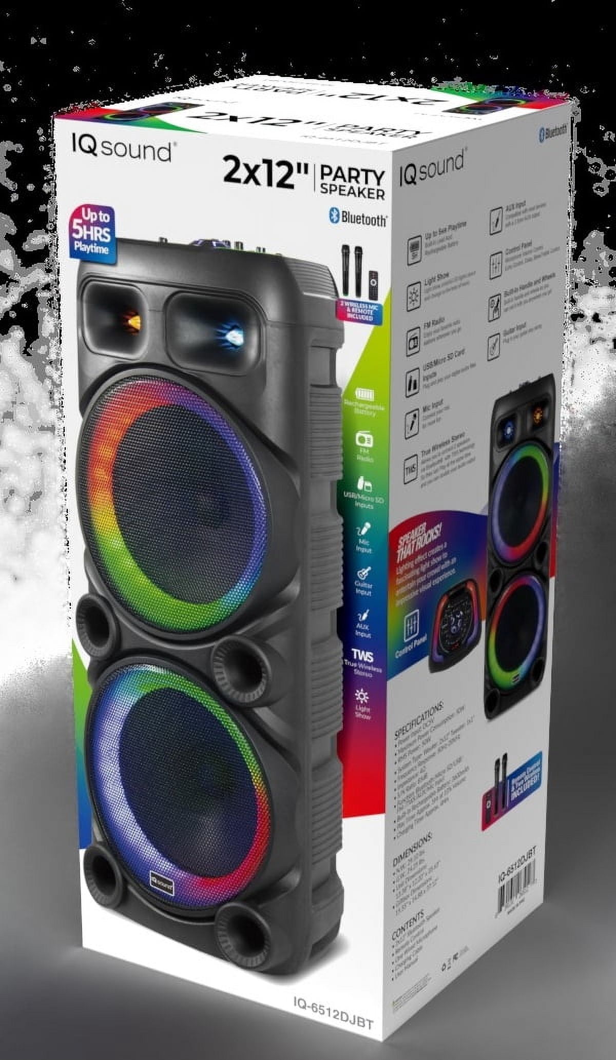 IQ Sound IQ-6512DJBT 2 X 12-inch Portable Bluetooth Speaker, w/TWS, LED Lights, 2 Wireless Mics, Guitar & Mic Inputs, US