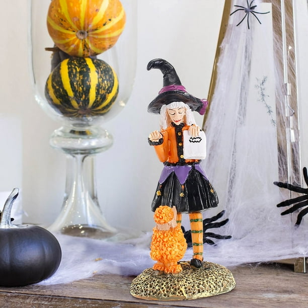 Puntoco Decoración de Halloween Estatua de bruja Bruja con caldero Figura de resina Adornos de escritorio Estante de jardín Mesa Decoración de fiesta de Halloween Interior Otoño Despedida de solte