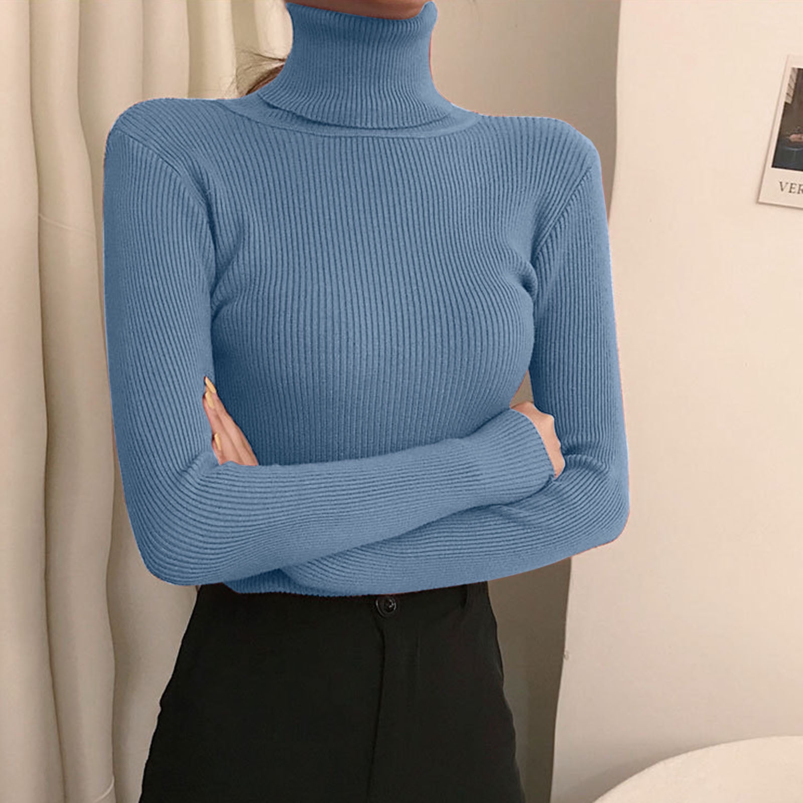 BKQCNKM Sweaters For Women Womens Sweaters Slim-Fit Turtleneck Long Sleeve  Pull On Solid Color Women'S Thermal Underwear Tops Tight Knit Sweater (Women)  Blue 2 One Size - Walmart.com