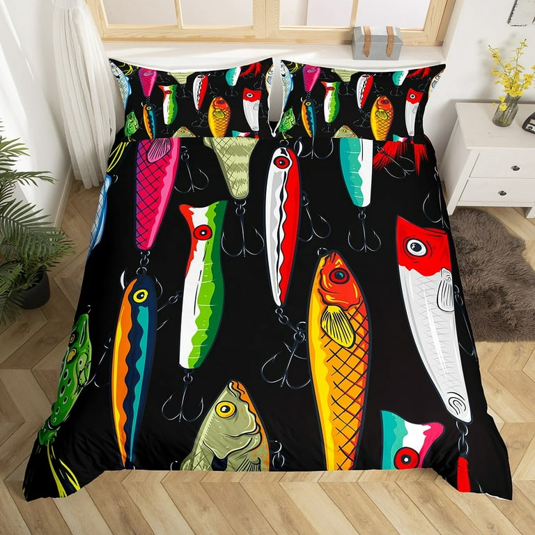 Colorful Fish Hook Comforter Cover Fishing Gear Duvet Cover for Kids Boys  Girl,Fishing Line Bedding Set Fish Equipment Bed Sets Full,Angling Hobby  Activity Room Decor,Fishing Gifts for Men 