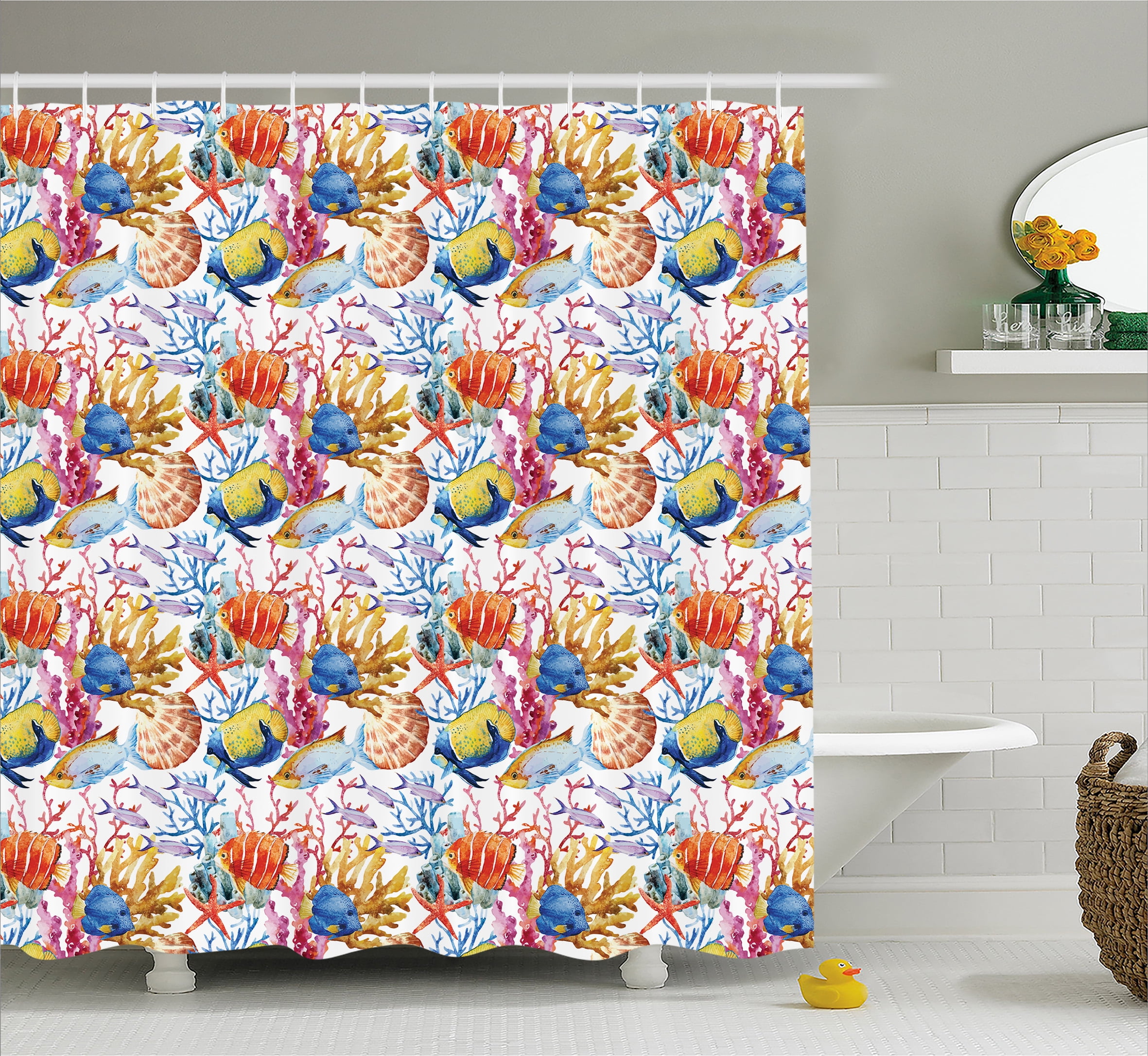 Ocean Animal Decor Shower Curtain, Coral Reef Scallop Shells Fish Figures Sea Plants Polyp Murky