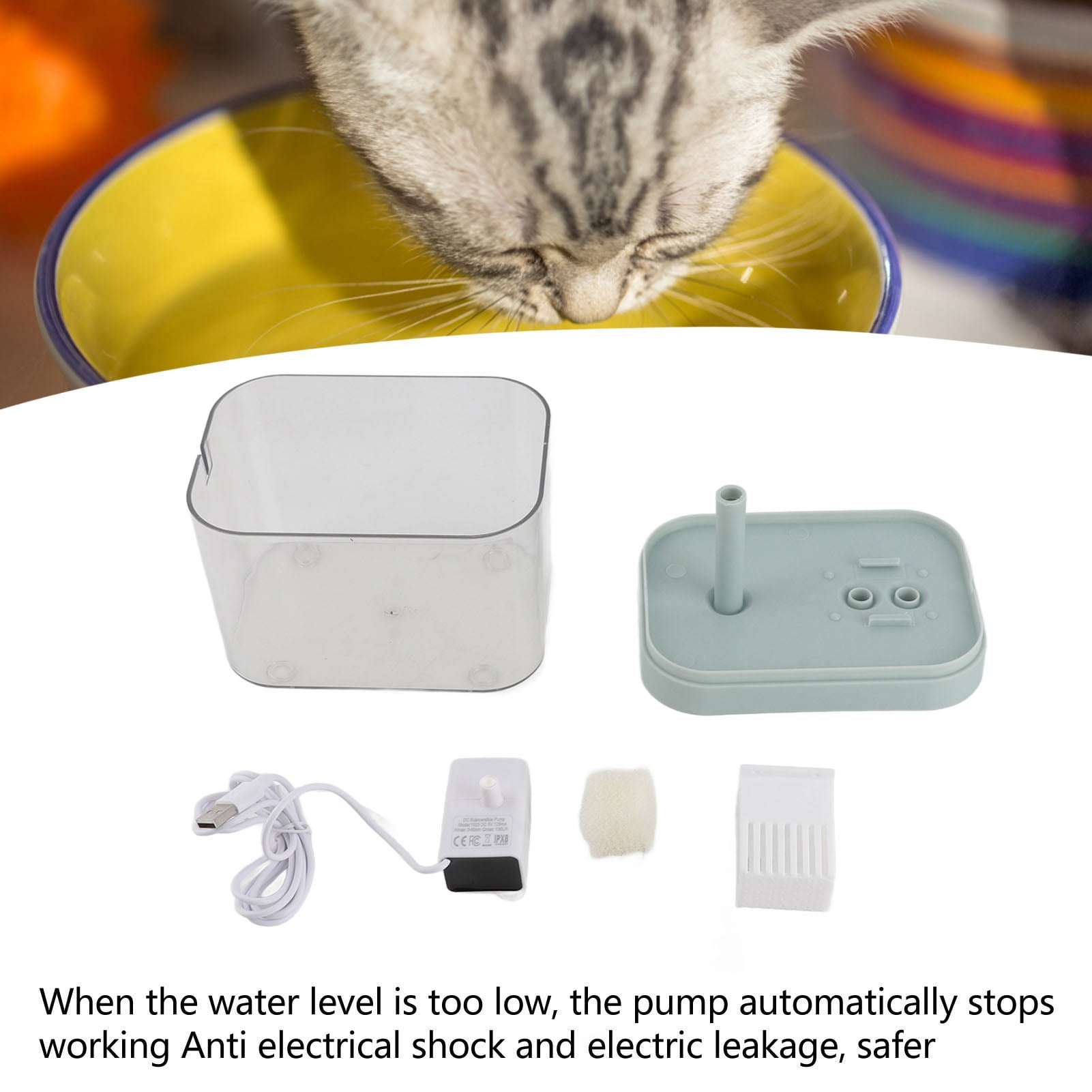 NFTIGB Cat Water Fountain Automatic Quiet USB Powered Transparent Pet Water Dispenser with Elbow Tube 1.5L / 50.72 oz Blue Lid