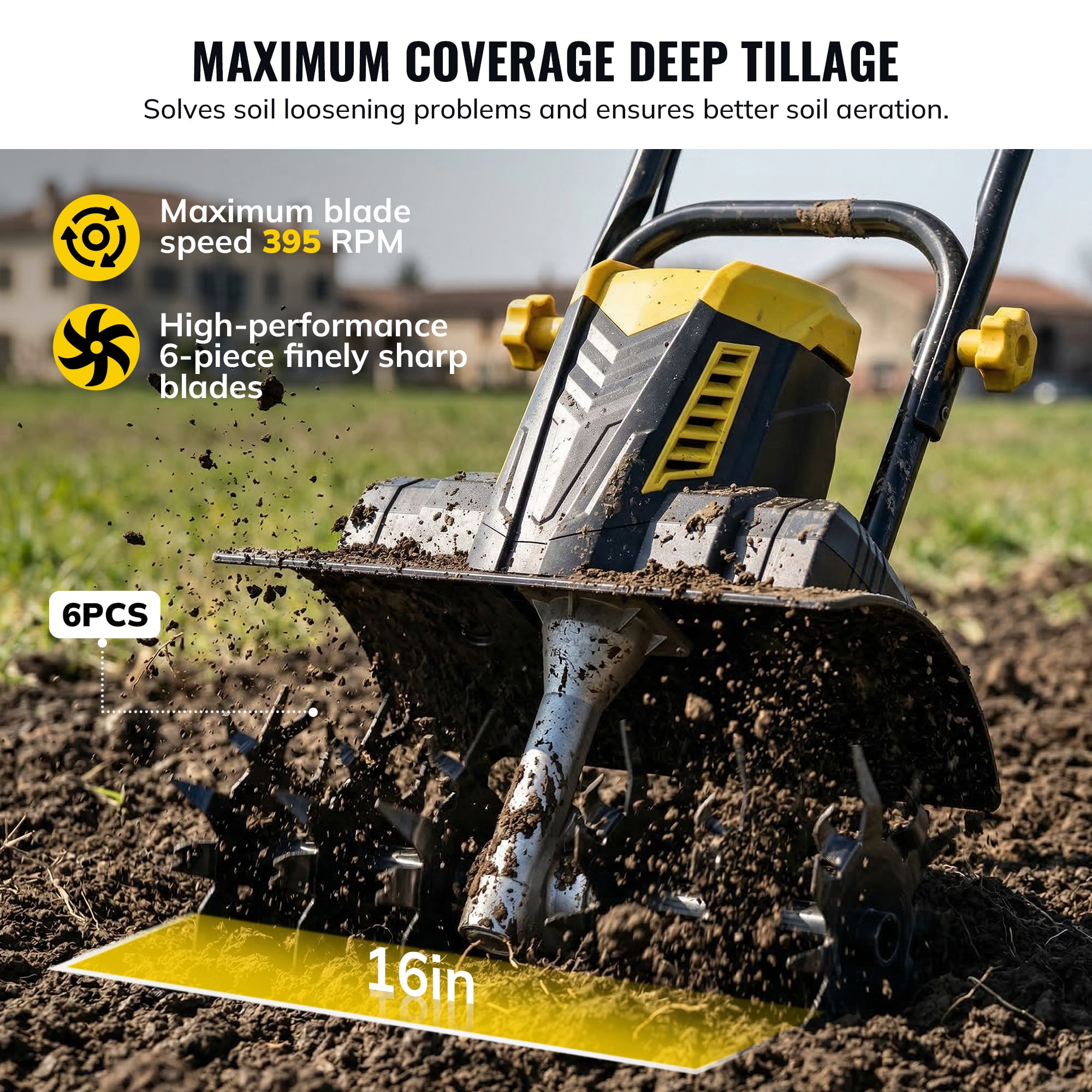 Tcisa Electric Garden Tiller, 16-in Working Width with Mudguards for Gardening Weeding Soil Cultivation, Yellow
