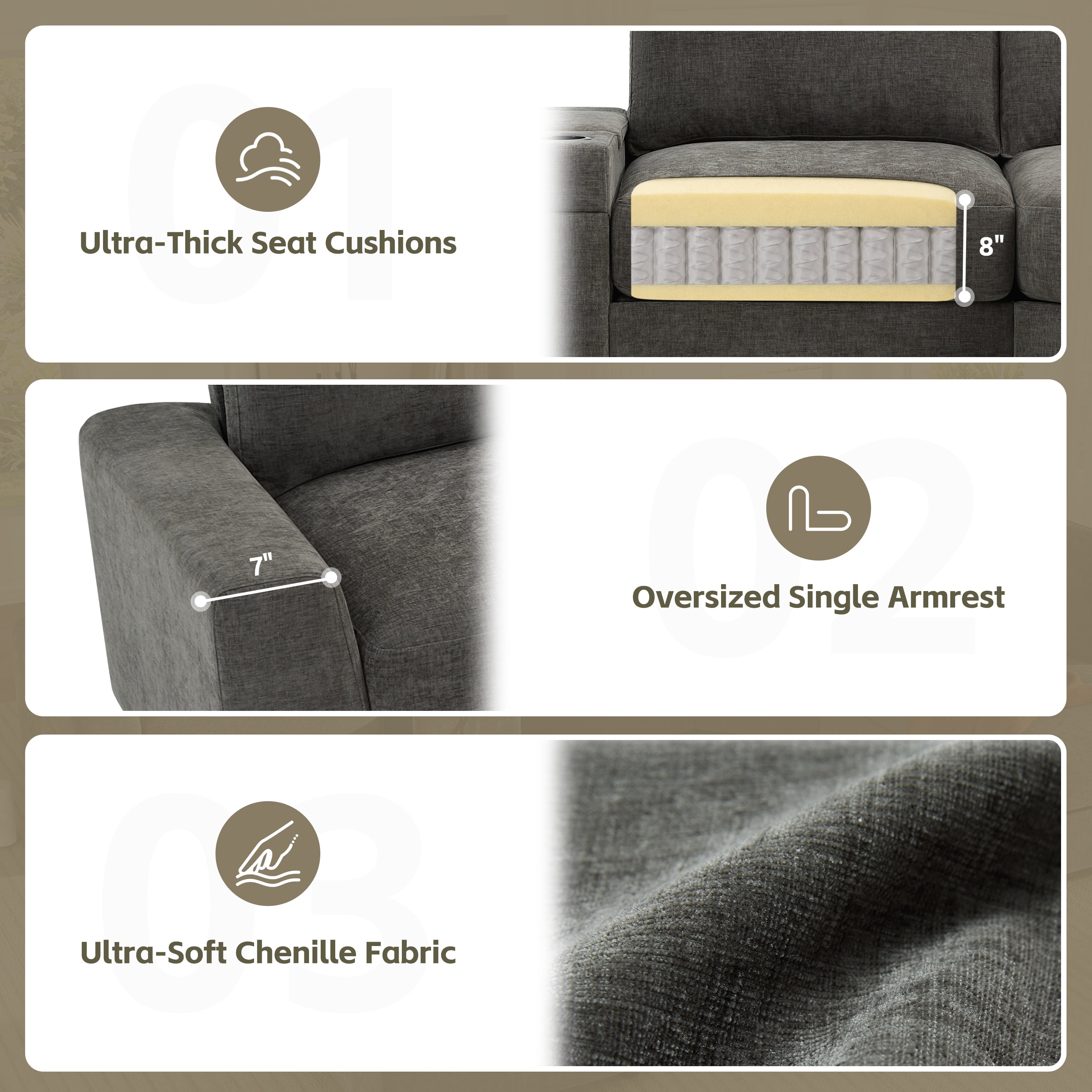 GARITIN 6 Seat U Shaped Modular Sectional Sofa 118 Inch, Oversized Chenille Couch with Ottoman and Storage Console with USB Charging, Gray