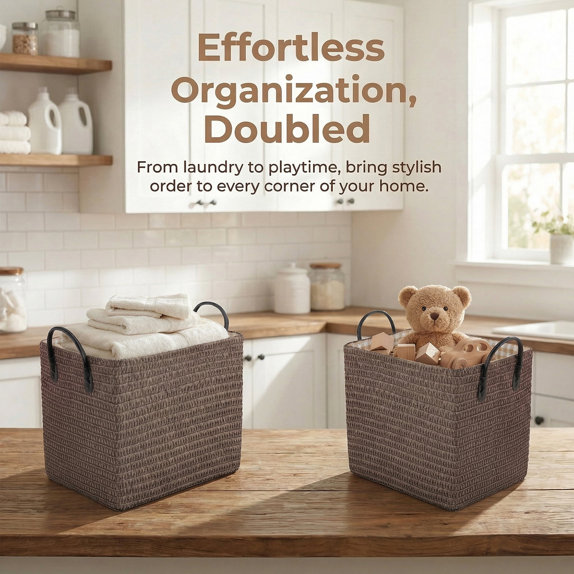 Unique Bargains Compactable Woven Storage Basket Storage Bin Coffee 11.8*9.1*11.4in