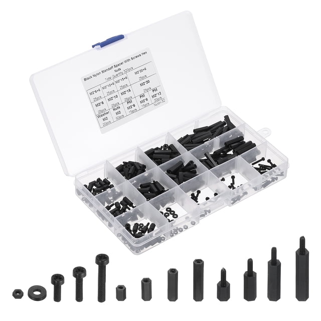 Uxcell M2 Entretoise en Nylon, 320 Pcs Kit d'Assortiment Hexagonal Mâle-Femelle, Noir