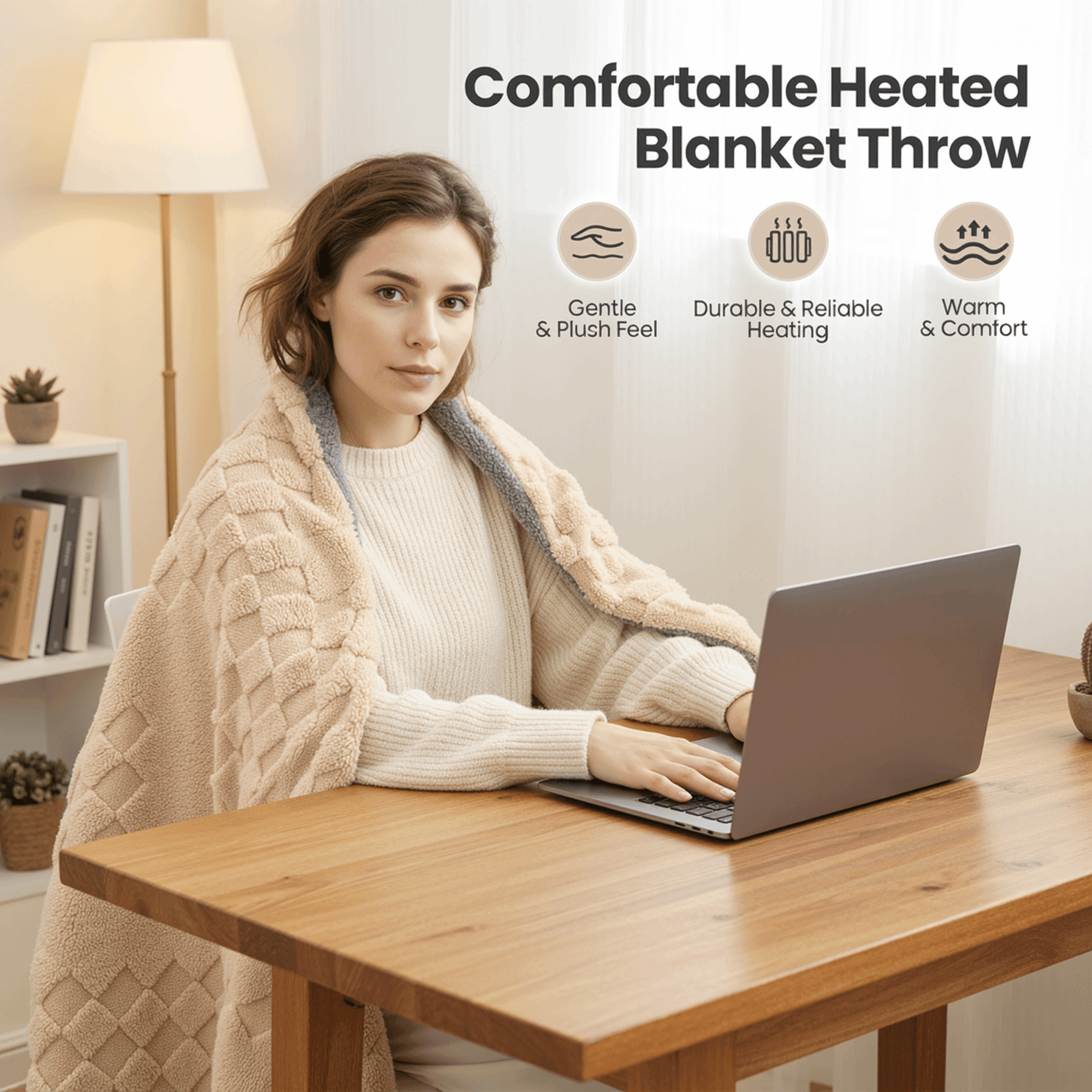 Naipo Heated Blanket Throw 50x60inch Electric Blanket with 6 Heat Settings and 1-4H Auto off Timer, Machine Washable Soft Flannel Fleece Blanket for Couches, Beds for Home Office Use, Beige