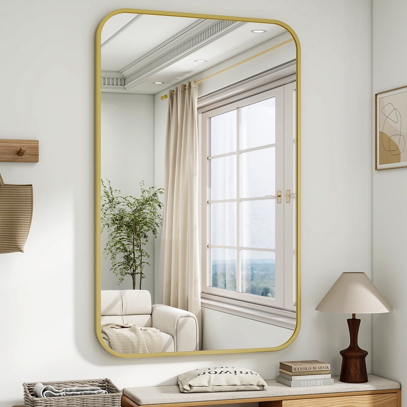 Easy4Home 48"x30" Rectangular Bathroom Mirror Hanging Rounded Corners Vanity Mirror Wall Mounted, Gold