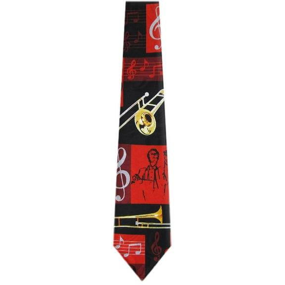 BuyYourTies - Mens Novelty Trombone Necktie - Black Gold Red
