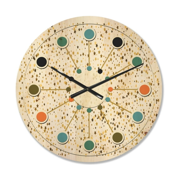 Designart 'Golden Glitter Confetti Retro Pattern' Mid-Century Modern Wood Wall Clock