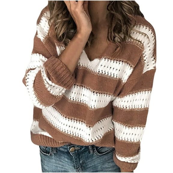 JINMGG 2024 Fall Winter Plus Size Sweaters for Women Clearance,Fashion Women V-neck Long Sleeve Hollow Out Striped Print Knitted Sweater Top