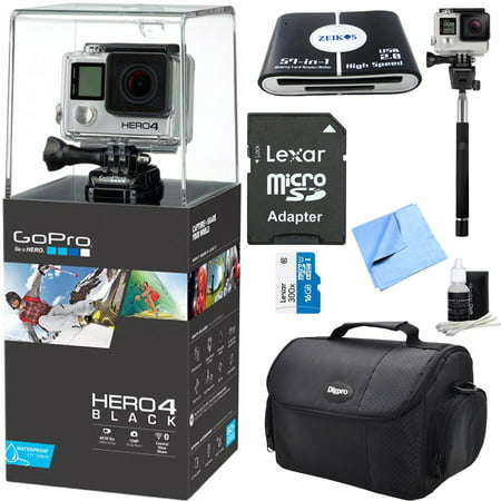 HERO 4 Black - 4K Action Camera All Inclusive Bundle. Includes GoPro Hero 4 Black, 16GB microSDHC UHS-I 300x Memory Card w/ Adapter, Compact Deluxe Gadget Bag, 57-in-1 USB Card Reader, Telescopic Sel