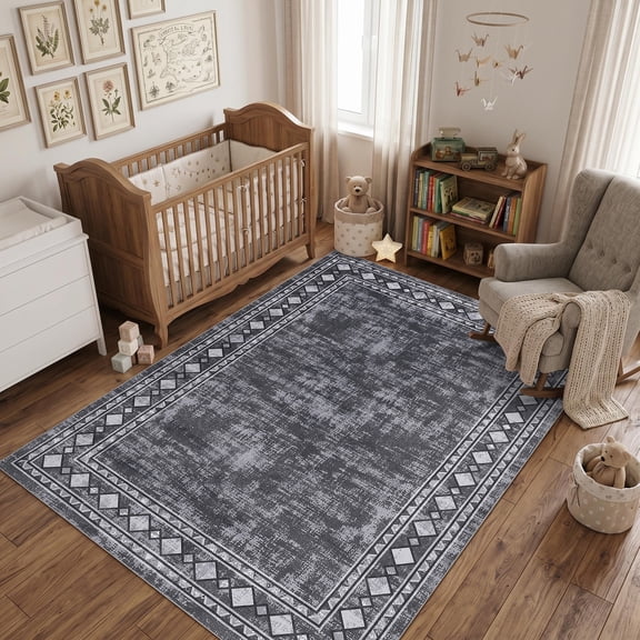 HIWEAVER Gray 5′ x 7′ Washable Bordered Area Rug for Living Room Indoor Throw Carpet Modern Non-Slip Foldable Floor Cover for Dorm Home Decor