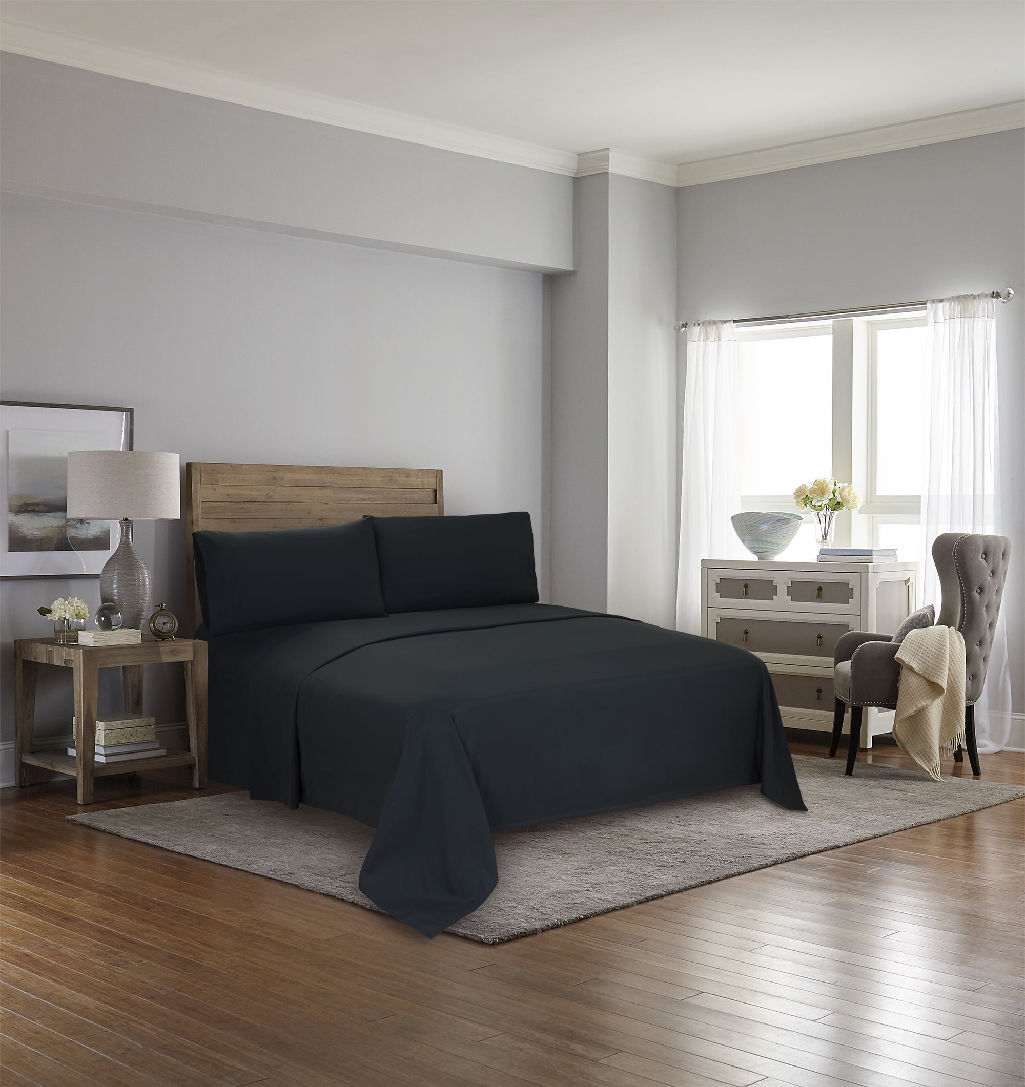 Mainstays Copper-Infused Cooling Microfiber Bed Sheet Set, Queen, Black, 4 Piece