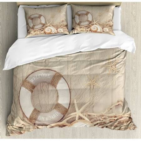 Coastal Duvet Cover Set Welcome On Board Life Buoy Wooden Sepia