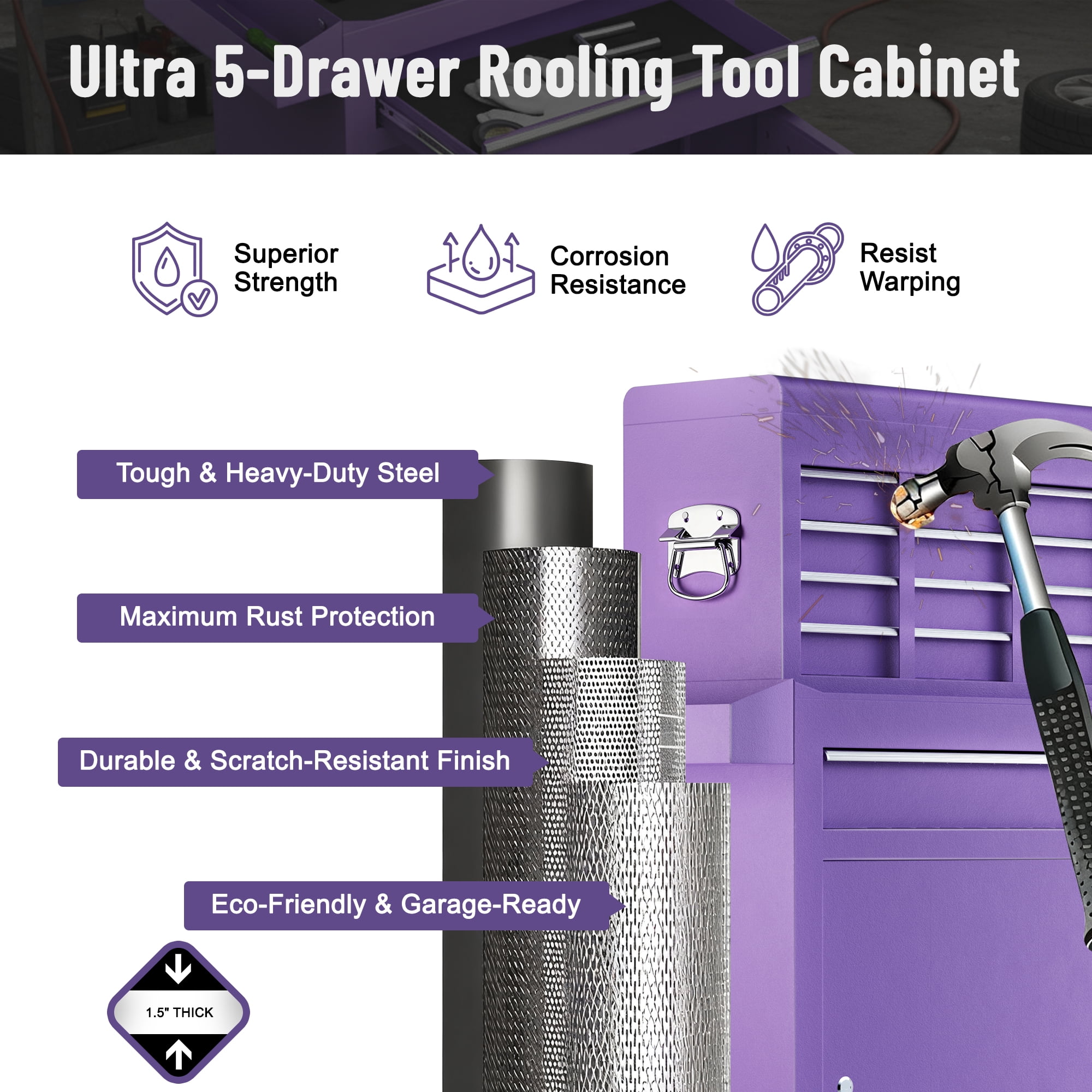 5-Drawer Tool Box, Enyopro Rolling Tool Chest, Stainless Steel Tool Box with Brake Wheels and 4 Drawers, Detachable Tool Cart, Purple