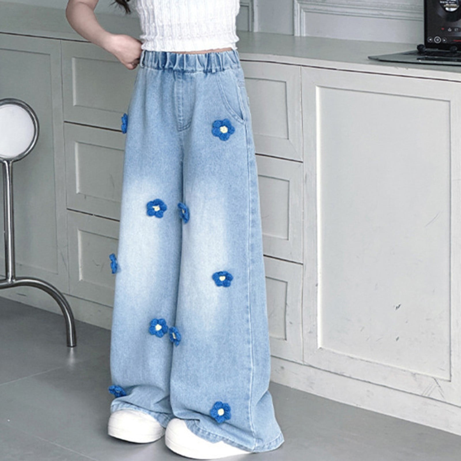 Karoyedx Teen Jeans Girls Baggy Jeans Wide Straight Leg High Waisted Denim Pants Fashion Y2k Boyfriend Skater Streetwear Blue Size,12-13 Years