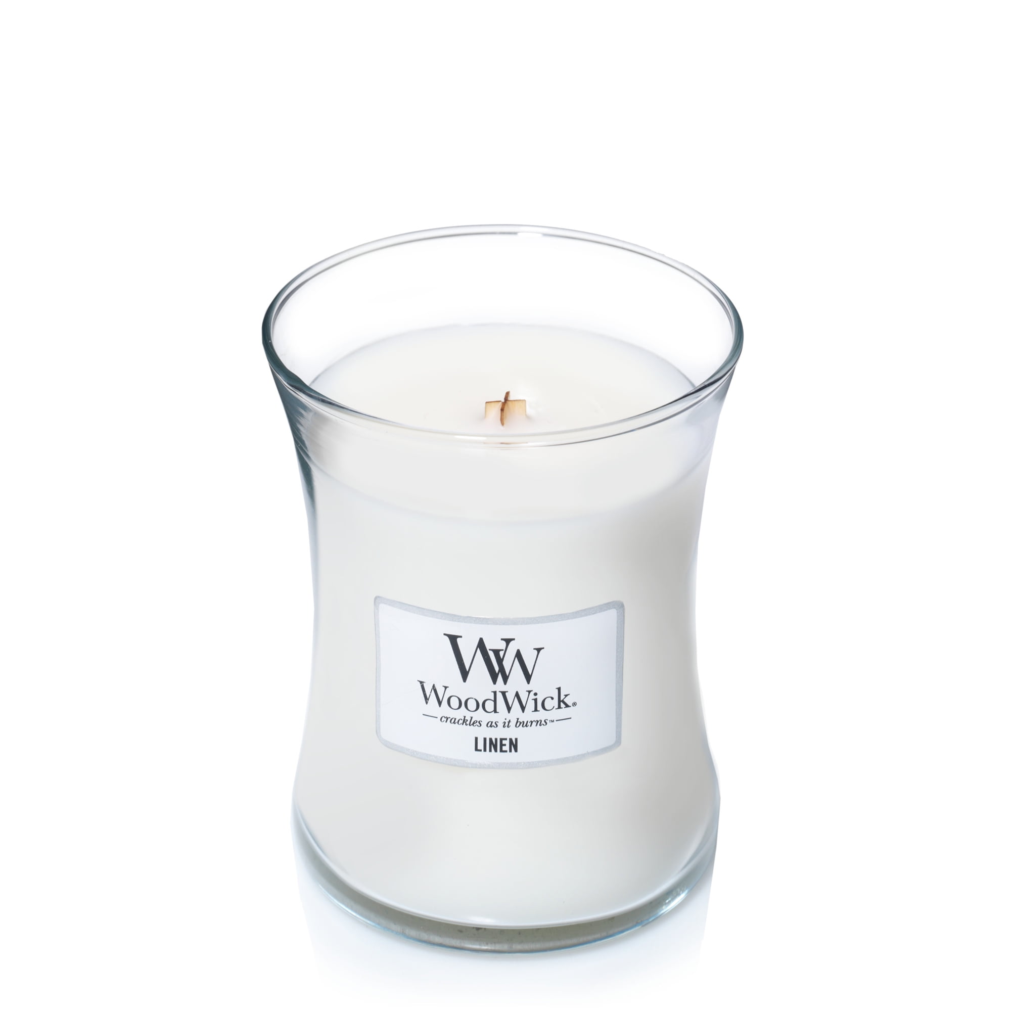 Linen Burn Time: Up to 60 Hours Linen Woodwick Medium Hourglass Scented Candle with Crackling Wick 