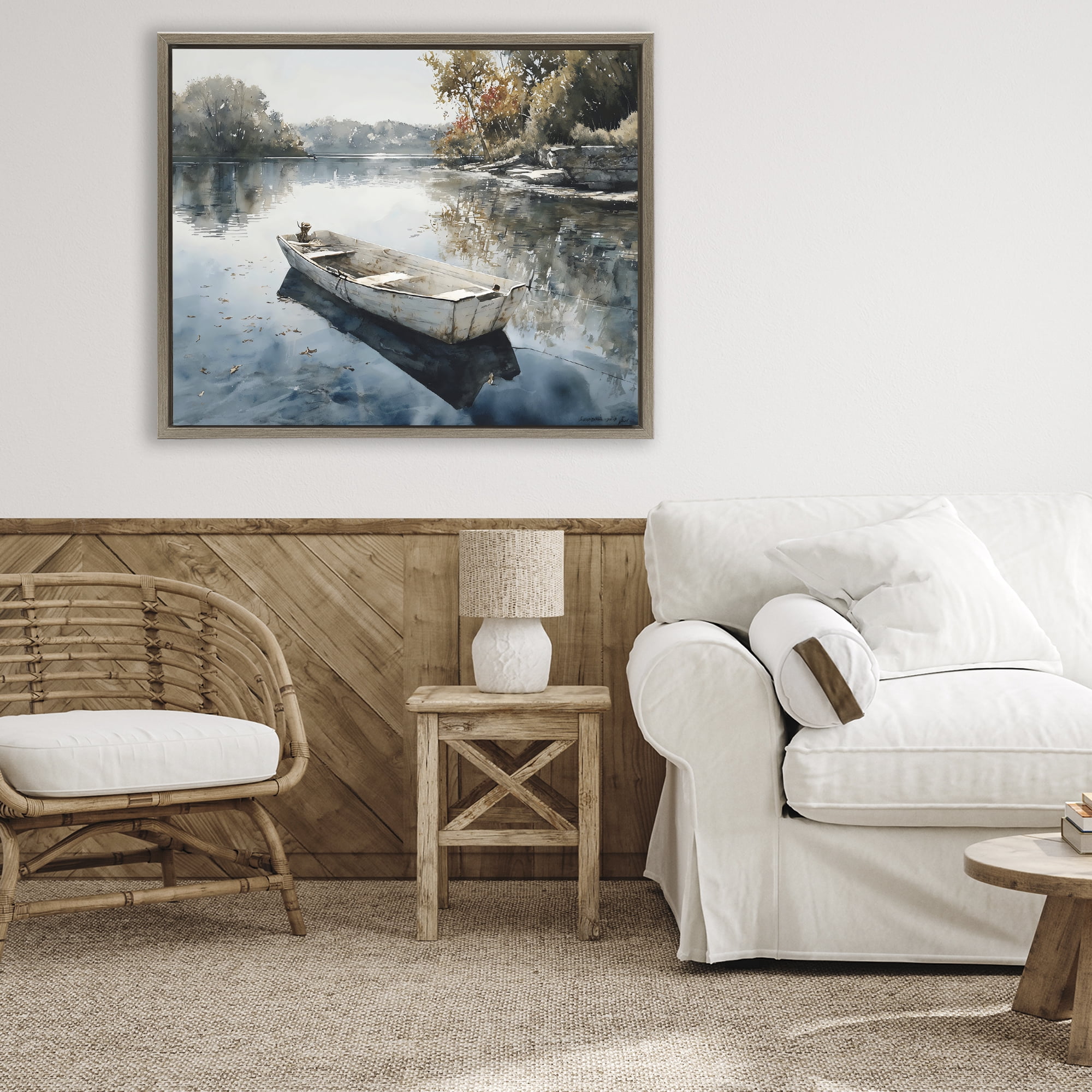 Stupell Industries Boat Ride Through Autumn Reflections Brown Framed Floater Canvas Wall Art, design by Franklyn Gregory