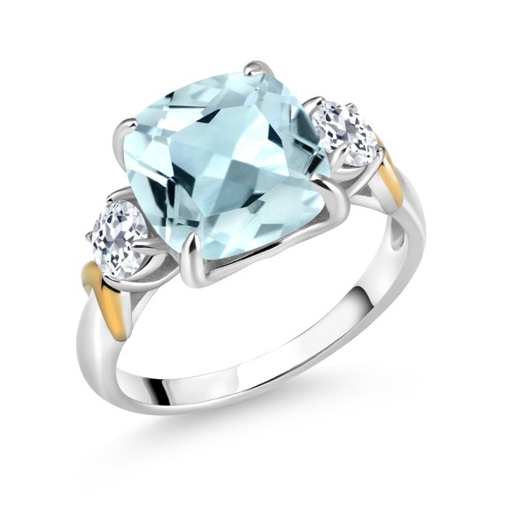 Gem Stone King 925 Silver and 10K Yellow Gold Sky Blue Simulated Aquamarine and White Topaz 3 Stone Ring for Women (4.46 Cttw, Gemstone Birthstone, Cushion 10MM, Round 4MM, Size 6)