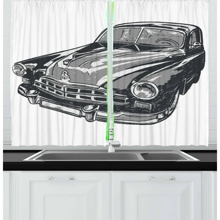 Na Front Panel - Cars Curtains 2 Panels Set, Hand Drawn Vintage Vehicle with Detailed Front Part Hood Lamps Rear View Mirror, Window Drapes for Living Room Bedroom, 55W X 39L Inches, Grey Blue Grey, by Ambesonne