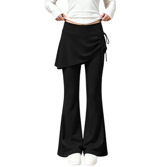 OGLCCG Girls Skirted Flare Leg Pants, Side Drawstring 2-in-1 Skort Yoga Pants Stretchy Athletic Bell Bottoms for Dance(Black,3-4 Years)