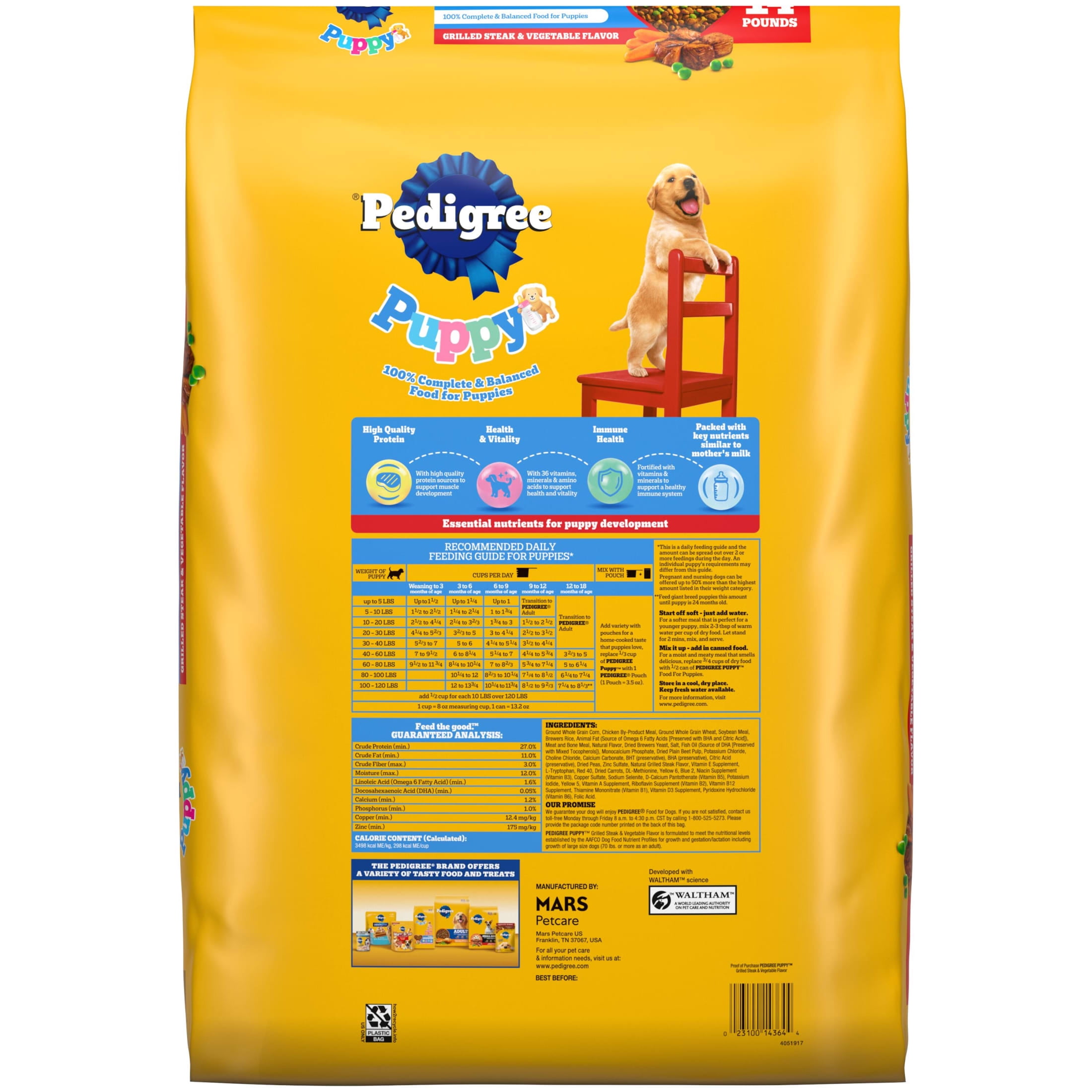 Pedigree Puppy Growth & Protection Grilled Steak & Vegetable Dry Dog Food for Puppy, 14 lb Bag