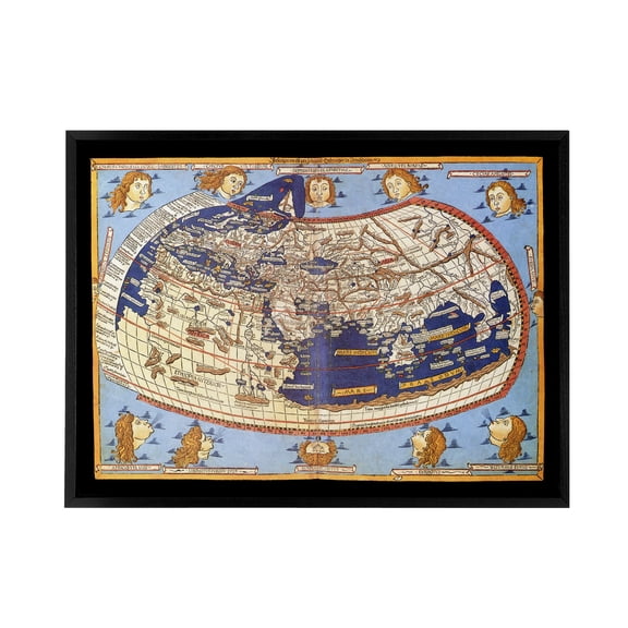 World Map 1482 Ptolemy 2nd Century Black Framed Canvas Wall Art Print 12X16"