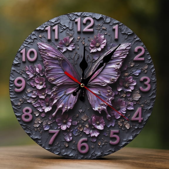 Wall Clock Decorative - Gothic Purple Butterfly Print 2D Vintage Wall Clocks Battery Operated Silent Non-Ticking for Bedroom, Living Room, Kitchen, Office, Classroom, 10 Inch